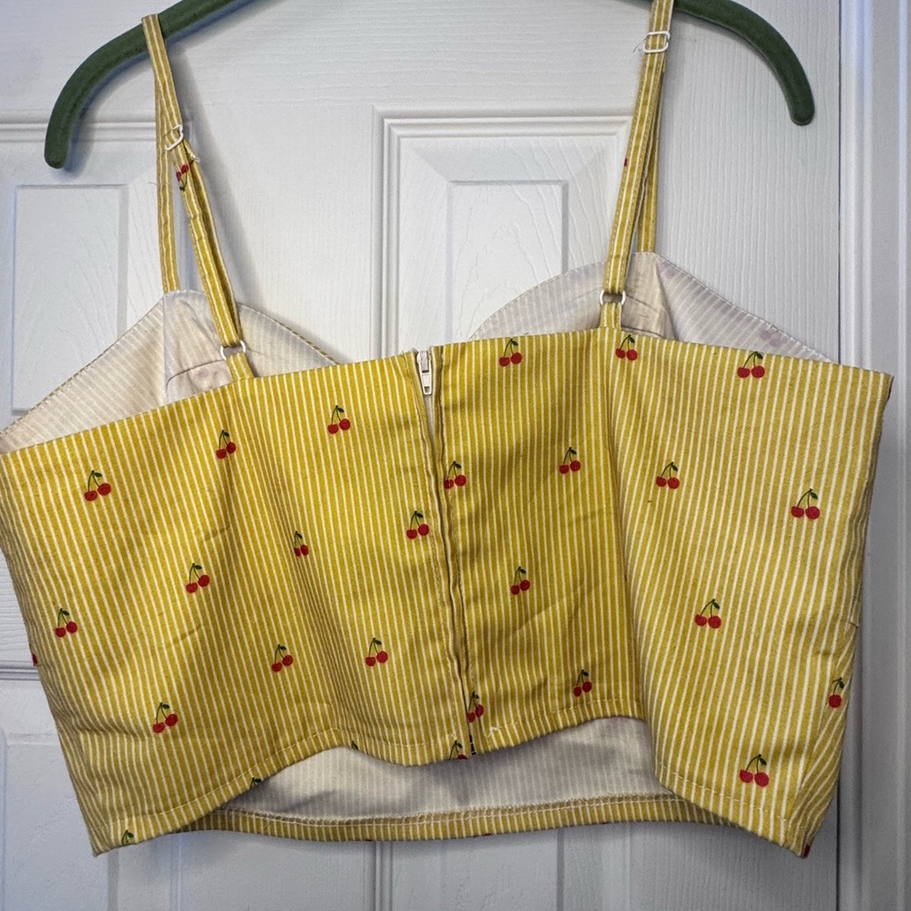 Voodoo Vixen Yellow Cherry Stripe Crop Top - Picture 3 of 5